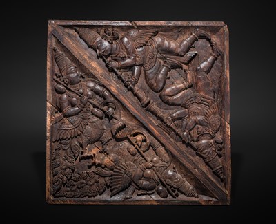 Lot 120 - A CARVED WOOD ‘KINNARA AND KINNARI’ TEMPLE CEILING PANEL, KERALA, CIRCA 18TH CENTURY