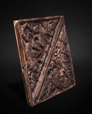 Lot 120 - A CARVED WOOD ‘KINNARA AND KINNARI’ TEMPLE CEILING PANEL, KERALA, CIRCA 18TH CENTURY