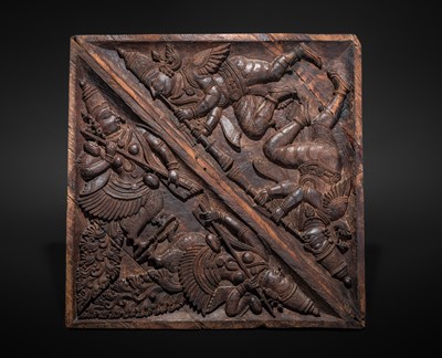 Lot 121 - A CARVED WOOD ‘CELESTIAL MUSICIANS’ TEMPLE CEILING PANEL, KERALA, CIRCA 18TH CENTURY