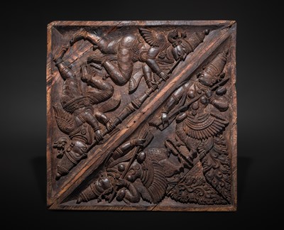 Lot 121 - A CARVED WOOD ‘CELESTIAL MUSICIANS’ TEMPLE CEILING PANEL, KERALA, CIRCA 18TH CENTURY