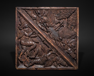 Lot 121 - A CARVED WOOD ‘CELESTIAL MUSICIANS’ TEMPLE CEILING PANEL, KERALA, CIRCA 18TH CENTURY