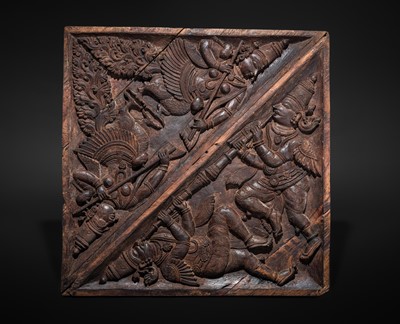 Lot 121 - A CARVED WOOD ‘CELESTIAL MUSICIANS’ TEMPLE CEILING PANEL, KERALA, CIRCA 18TH CENTURY