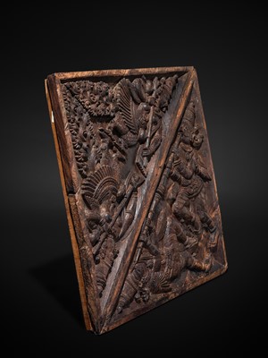 Lot 121 - A CARVED WOOD ‘CELESTIAL MUSICIANS’ TEMPLE CEILING PANEL, KERALA, CIRCA 18TH CENTURY
