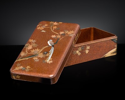 Lot 281 - A SHIBAYAMA-INLAID LACQUER KOBAKO WITH A LONG-TAILED BIRD ON A MAPLE TREE, MEIJI PERIOD