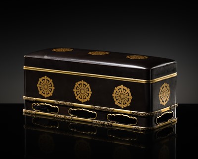 Lot 314 - A LARGE LACQUER FUBAKO (LETTER BOX) DEPICTING DHARMACHAKRAS WITH METAL FITTINGS, EDO PERIOD