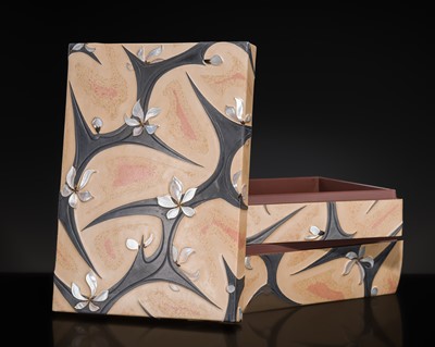 Lot 283 - MINAMI YOSHITERU (1921-2006): A RADEN-INLAID LACQUER TWO-TIERED ‘BITTER-ORANGE CITRUS BLOSSOMS’ BOX AND COVER, 20TH CENTURY