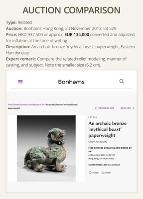 Lot 44 - A RARE AND IMPORTANT BRONZE FIGURE OF A BIXIE, HAN DYNASTY