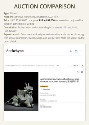 Lot 44 - A RARE AND IMPORTANT BRONZE FIGURE OF A BIXIE, HAN DYNASTY