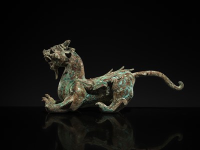 Lot 44 - A RARE AND IMPORTANT BRONZE FIGURE OF A BIXIE, HAN DYNASTY