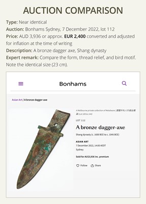 Lot 188 - AN ARCHAIC BRONZE DAGGER AXE, GE, SHANG DYNASTY