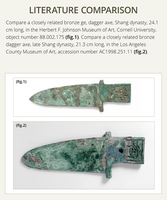 Lot 188 - AN ARCHAIC BRONZE DAGGER AXE, GE, SHANG DYNASTY
