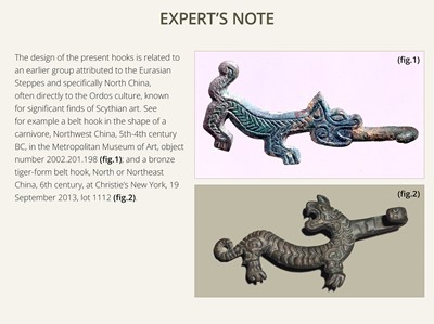 Lot 43 - A RARE PAIR OF GILT-BRONZE ‘TIGER’ GARMENT HOOKS, WESTERN HAN DYNASTY