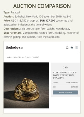 Lot 197 - A GILT-BRONZE TIGER-FORM ORNAMENT, HAN DYNASTY