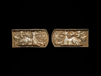 Lot 49 - A SET OF TEN GILT AND SILVERED COPPER REPOUSSÉ BELT PLAQUES, TANG TO LIAO DYNASTY