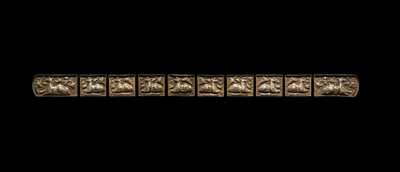 Lot 49 - A SET OF TEN GILT AND SILVERED COPPER REPOUSSÉ BELT PLAQUES, TANG TO LIAO DYNASTY