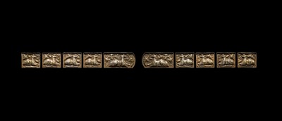 Lot 49 - A SET OF TEN GILT AND SILVERED COPPER REPOUSSÉ BELT PLAQUES, TANG TO LIAO DYNASTY