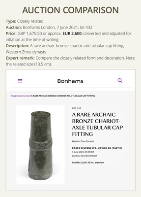 Lot 189 - A BRONZE CHARIOT-AXLE TUBULAR CAP FITTING, WESTERN ZHOU DYNASTY