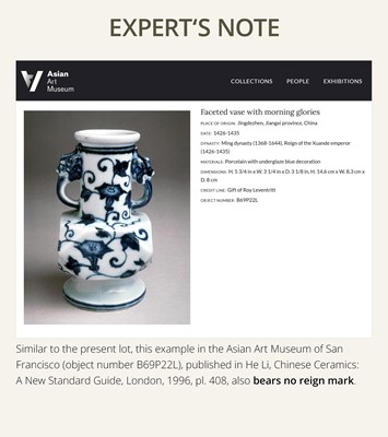 Lot 14 - A RARE BLUE AND WHITE ‘MORNING GLORY’ FACETED VASE, MING DYNASTY (1368-1644)