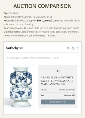 Lot 14 - A RARE BLUE AND WHITE ‘MORNING GLORY’ FACETED VASE, MING DYNASTY (1368-1644)