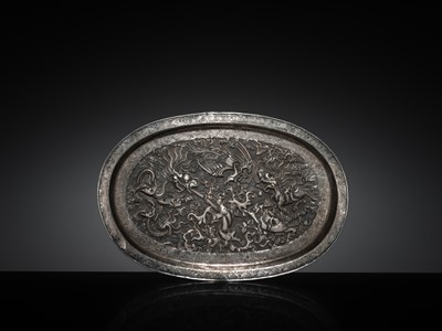 Lot 103 - A SILVER-REPOUSSÉ ‘FOUR SYMBOLS’ TRAY, SI XIANG, CHINA, 18TH-19TH CENTURY OR EARLIER