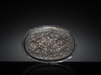 Lot 103 - A SILVER-REPOUSSÉ ‘FOUR SYMBOLS’ TRAY, SI XIANG, CHINA, 18TH-19TH CENTURY OR EARLIER