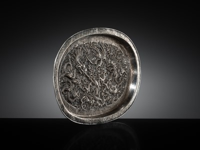 Lot 103 - A SILVER-REPOUSSÉ ‘FOUR SYMBOLS’ TRAY, SI XIANG, CHINA, 18TH-19TH CENTURY OR EARLIER
