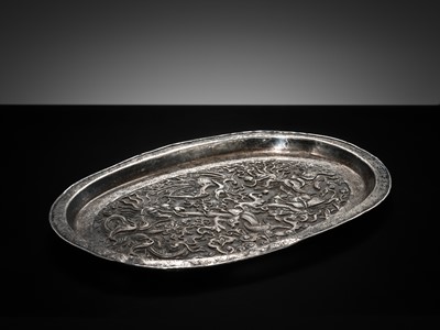 Lot 103 - A SILVER-REPOUSSÉ ‘FOUR SYMBOLS’ TRAY, SI XIANG, CHINA, 18TH-19TH CENTURY OR EARLIER