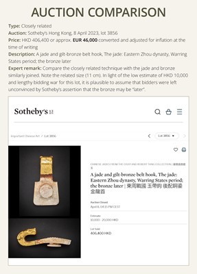 Lot 48 - A RARE AND FINE JADE AND GILT-BRONZE ‘DRAGON’ BELT HOOK, WESTERN HAN DYNASTY