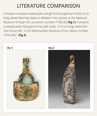 Lot 48 - A RARE AND FINE JADE AND GILT-BRONZE ‘DRAGON’ BELT HOOK, WESTERN HAN DYNASTY