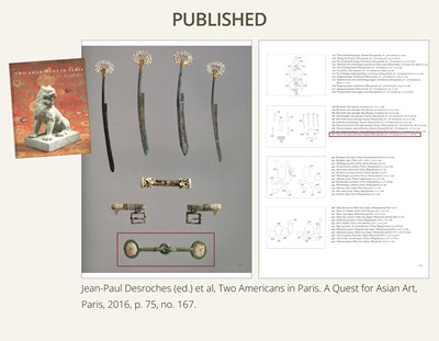 Lot 47 - A JADE AND BRONZE HORSE BIT, EASTERN ZHOU DYNASTY, 4TH-3RD CENTURY BC