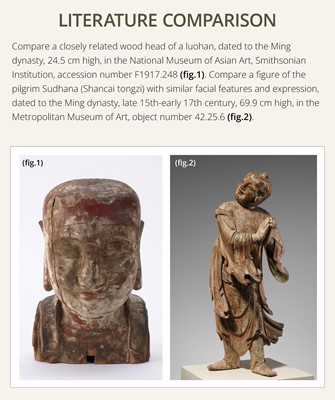 Lot 105 - A CARVED WOOD HEAD OF A BUDDHIST DISCIPLE, LATE MING TO EARLY QING DYNASTY