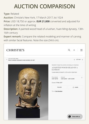 Lot 105 - A CARVED WOOD HEAD OF A BUDDHIST DISCIPLE, LATE MING TO EARLY QING DYNASTY