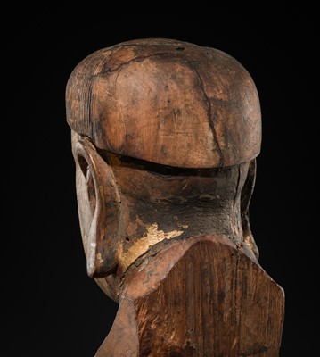 Lot 105 - A CARVED WOOD HEAD OF A BUDDHIST DISCIPLE, LATE MING TO EARLY QING DYNASTY