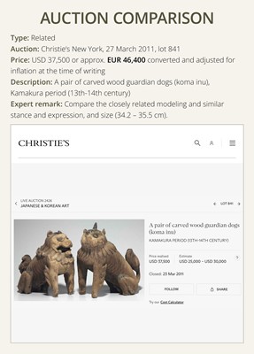 Lot 131 - A PAIR OF POLYCHROME WOOD FIGURES OF KOMA-INU, KAMAKURA PERIOD