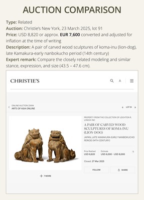 Lot 131 - A PAIR OF POLYCHROME WOOD FIGURES OF KOMA-INU, KAMAKURA PERIOD