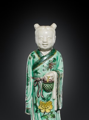 Lot 181 - A FAMILLE VERTE BISCUIT FIGURE OF LAN CAIHE, 18TH-19TH CENTURY