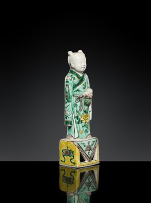 Lot 181 - A FAMILLE VERTE BISCUIT FIGURE OF LAN CAIHE, 18TH-19TH CENTURY