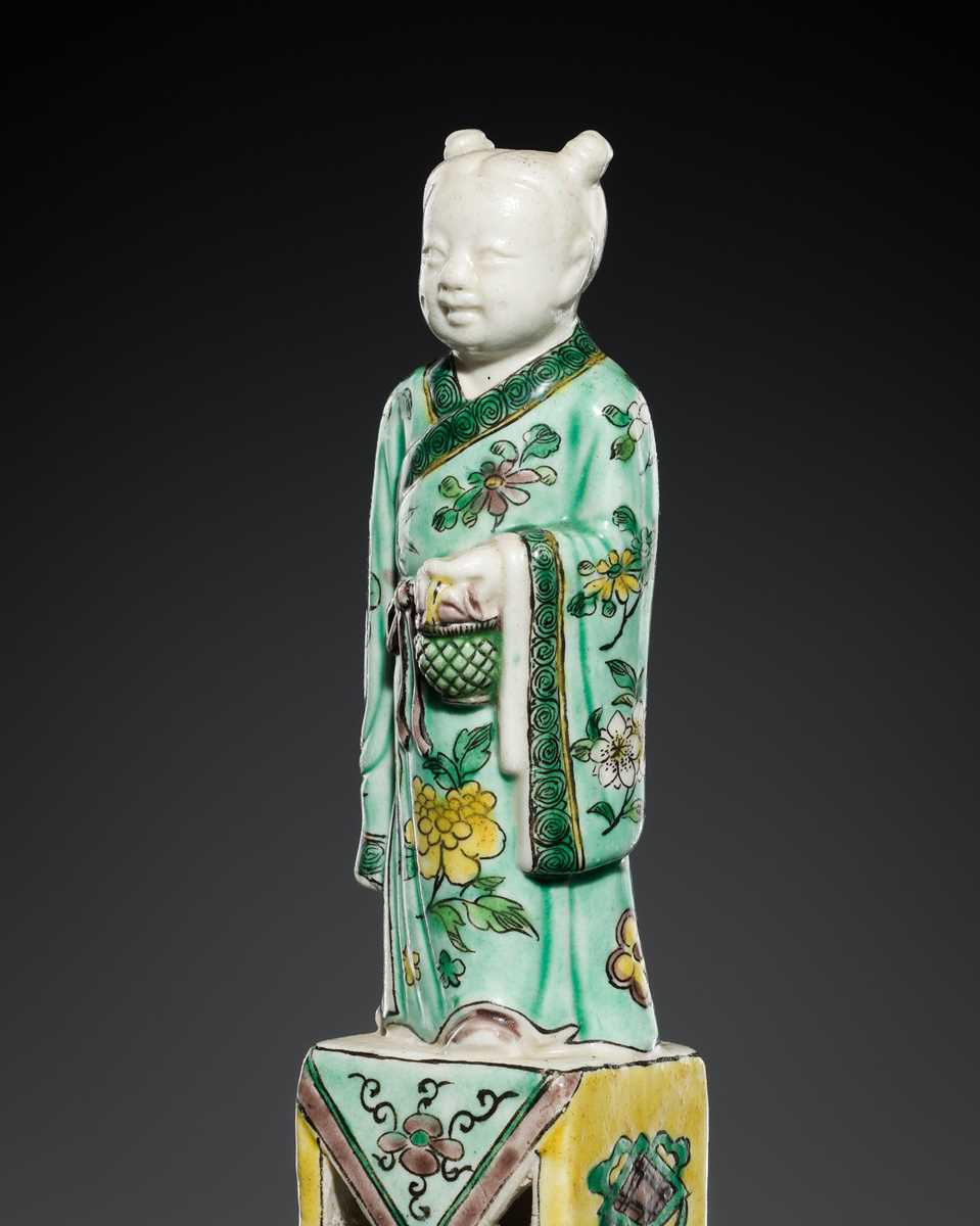 Lot 181 - A FAMILLE VERTE BISCUIT FIGURE OF LAN CAIHE, 18TH-19TH CENTURY