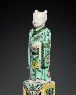 Lot 181 - A FAMILLE VERTE BISCUIT FIGURE OF LAN CAIHE, 18TH-19TH CENTURY