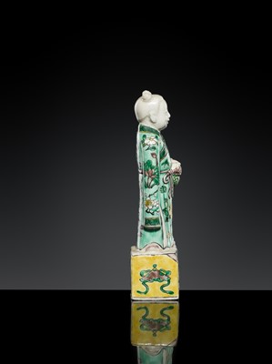 Lot 181 - A FAMILLE VERTE BISCUIT FIGURE OF LAN CAIHE, 18TH-19TH CENTURY