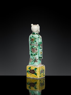Lot 181 - A FAMILLE VERTE BISCUIT FIGURE OF LAN CAIHE, 18TH-19TH CENTURY