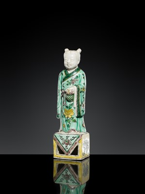 Lot 181 - A FAMILLE VERTE BISCUIT FIGURE OF LAN CAIHE, 18TH-19TH CENTURY