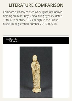Lot 108 - AN IVORY FIGURE OF SONGZI GUANYIN AND CHILD, LATE MING DYNASTY