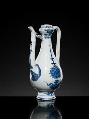 Lot 166 - A SMALL BLUE AND WHITE EWER, LATE MING-EARLY QING DYNASTY