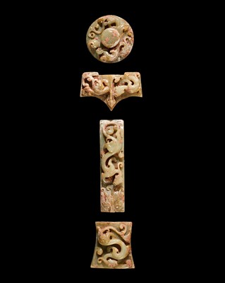 Lot 241 - A COMPLETE SET OF FOUR CELADON JADE ‘CHILONG’ SWORD FITTINGS, WESTERN HAN DYNASTY