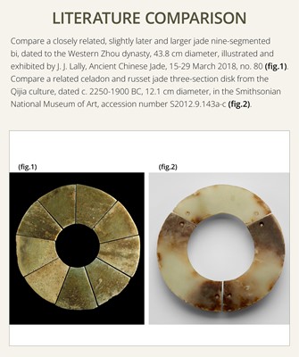 Lot 62 - A LARGE AND COMPLETE CELADON AND RUSSET JADE NINE-SECTION DISK, BI, LATE NEOLITHIC PERIOD-EARLY BRONZE AGE