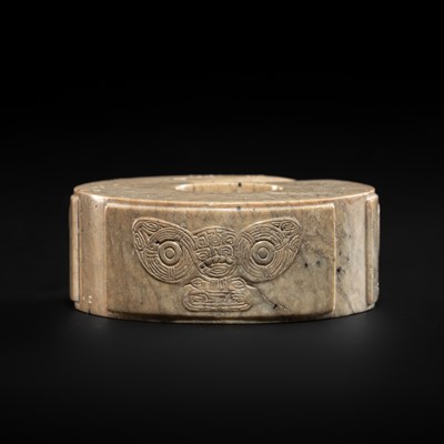A RARE AND LARGE IVORY WHITE JADE ‘MASK’ BEAD, LATE NEOLITHIC PERIOD, LIANGZHU CULTURE
