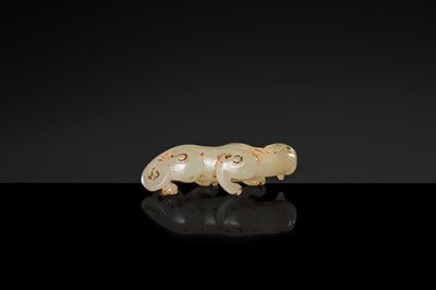 Lot 100 - A SMALL PALE CELADON JADE FIGURE OF A CHILONG, 17TH CENTURY OR EARLIER