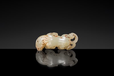 Lot 100 - A SMALL PALE CELADON JADE FIGURE OF A CHILONG, 17TH CENTURY OR EARLIER