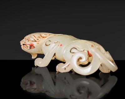 Lot 100 - A SMALL PALE CELADON JADE FIGURE OF A CHILONG, 17TH CENTURY OR EARLIER